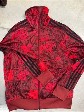 adidas Red Floral Track Jacket with Black Stripes - Women